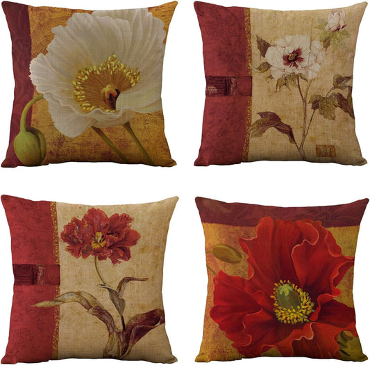 WOMHOPE Set of 4 Vintage Flower Throw Pillow Covers Pillow Cases Cushion Cases Burlap Toss 18 X 18 Inch for Living Room,Couch and Bed (Red Flower (Set of 4))