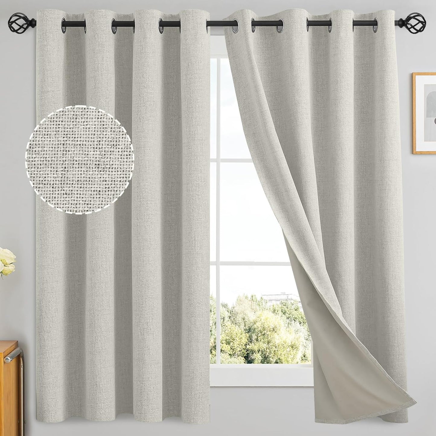 Yakamok Natural Linen Curtains 100% Blackout 84 Inches Long,Room Darkening Textured Curtains for Living Room Thermal Grommet Bedroom Curtains 2 Panels with Greyish White Liner  Yakamok Cream 52W X 63L / 2 Panels 