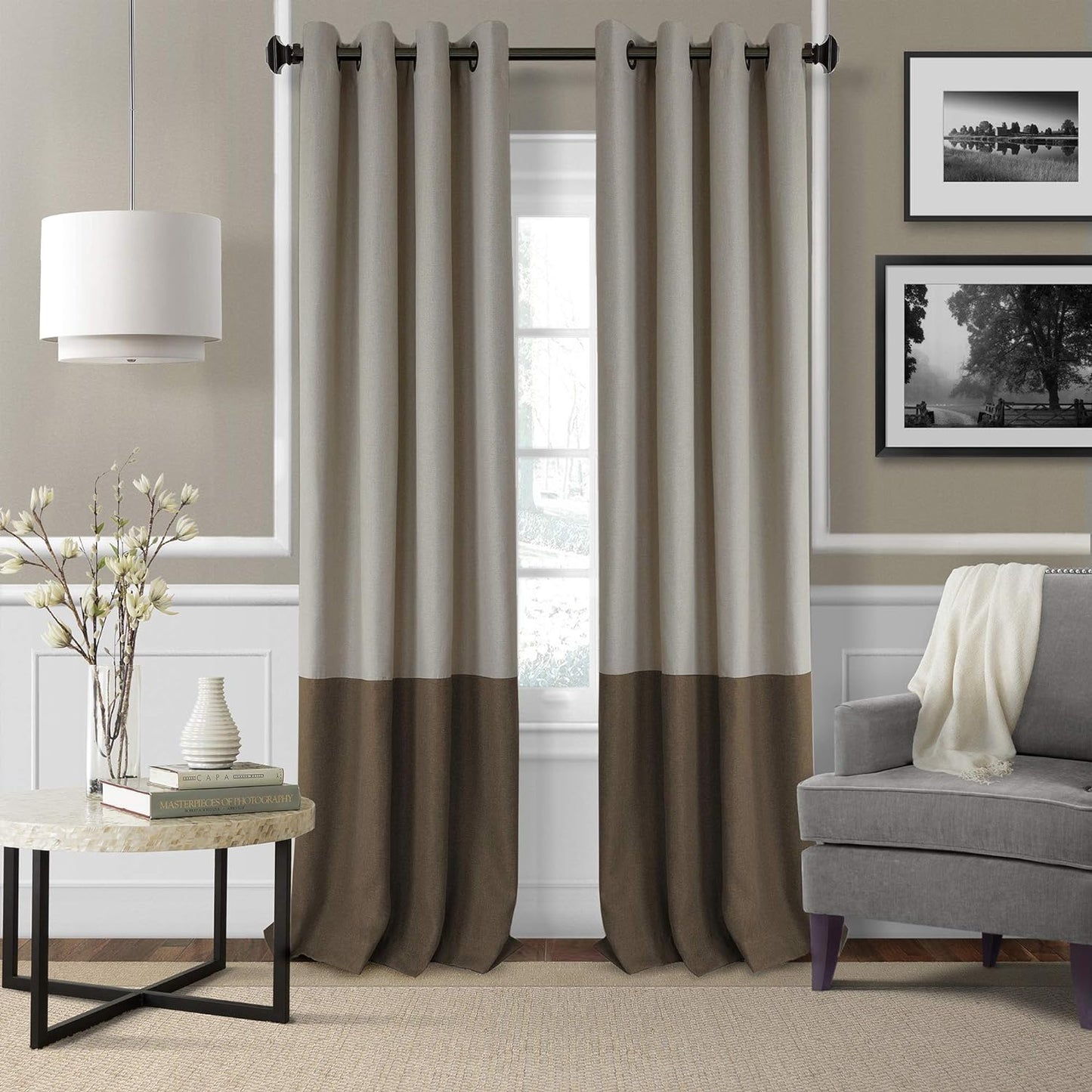 Elrene Home Fashions Braiden Color-Block Blackout Window Curtain, Single Panel, 52 in X 84 in (1 Panel), Linen  Elrene Home Fashions Chocolate 52" X 95" (1 Panel) 