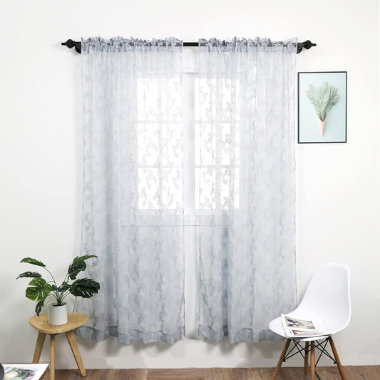Rloncomix Grey Sheer Curtains Decorative Leaves Knitted Textured Rod Pocket Semi Light Filtering Airy Window Drapes for Bedroom Kitchen, 52 X 63 Inch, 2 Panels  BAIHT HOME Grey 52"W X 72"L | 2 Pcs 