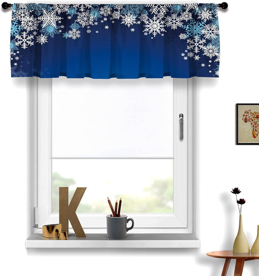 Christmas Valances for Windows, Thermal Insulated Window Curtain Valance, Blue and White Snowflakes for Kitchen Living Room Dining Room, Rod Pocket 52 X 18 Inches