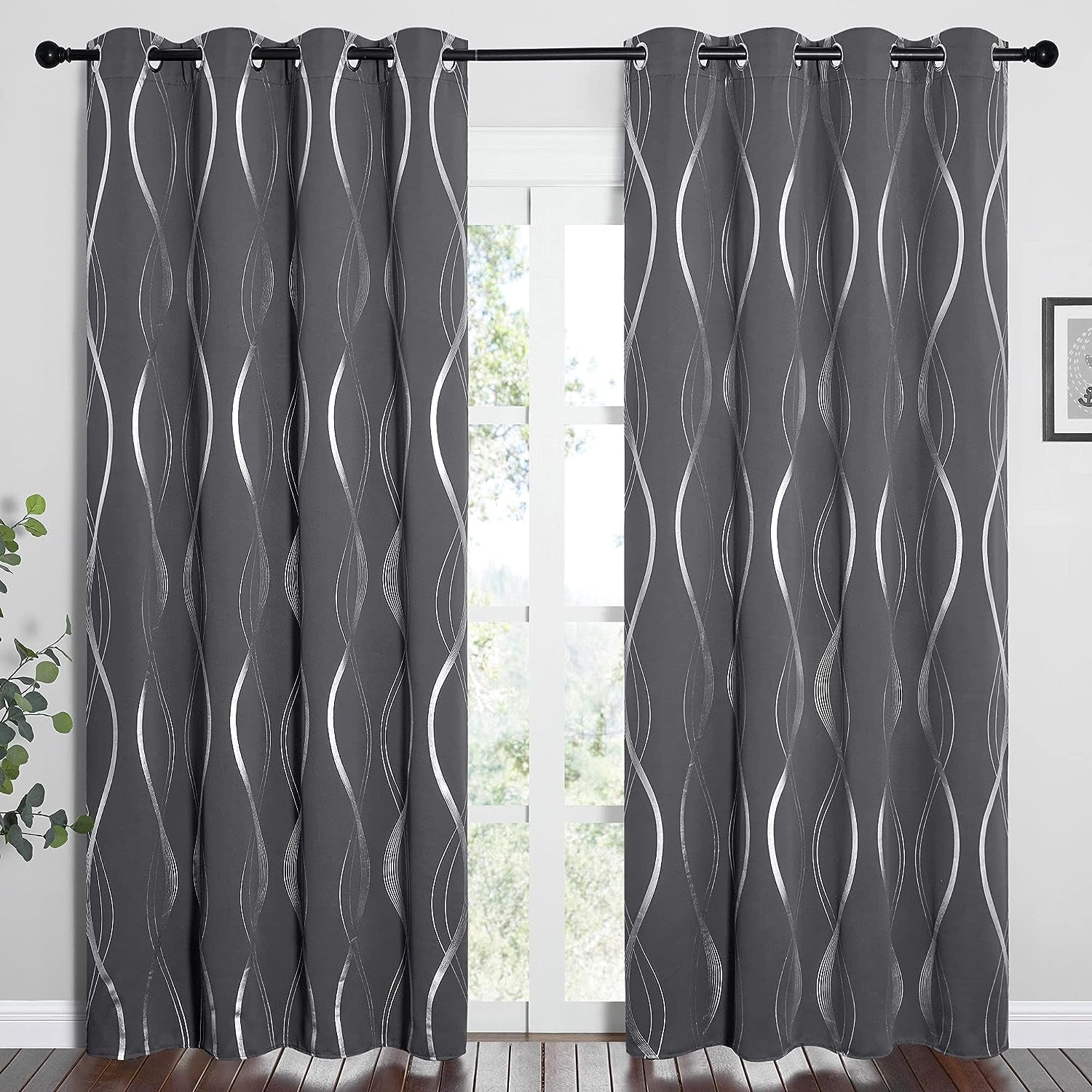 NICETOWN Grey Blackout Curtains 84 Inch Length 2 Panels Set for Bedroom/Living Room, Noise Reducing Thermal Insulated Wave Line Foil Print Drapes for Patio Sliding Glass Door (52 X 84, Gray)  NICETOWN   