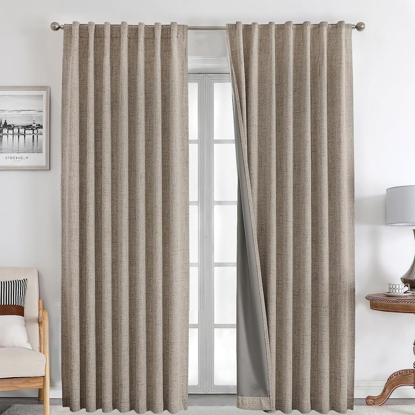 Joydeco 100% Black Out Curtains 96 Inch Long 1 Panels Burg Natural Blackout Linen Drapes for Bedroom Living Room Darkening Curtain Thermal Insulated Back Tab Rod Pocket(70X96 Inch,Black)  Joydeco Line 37W X 108L Inch X 2 Panels 