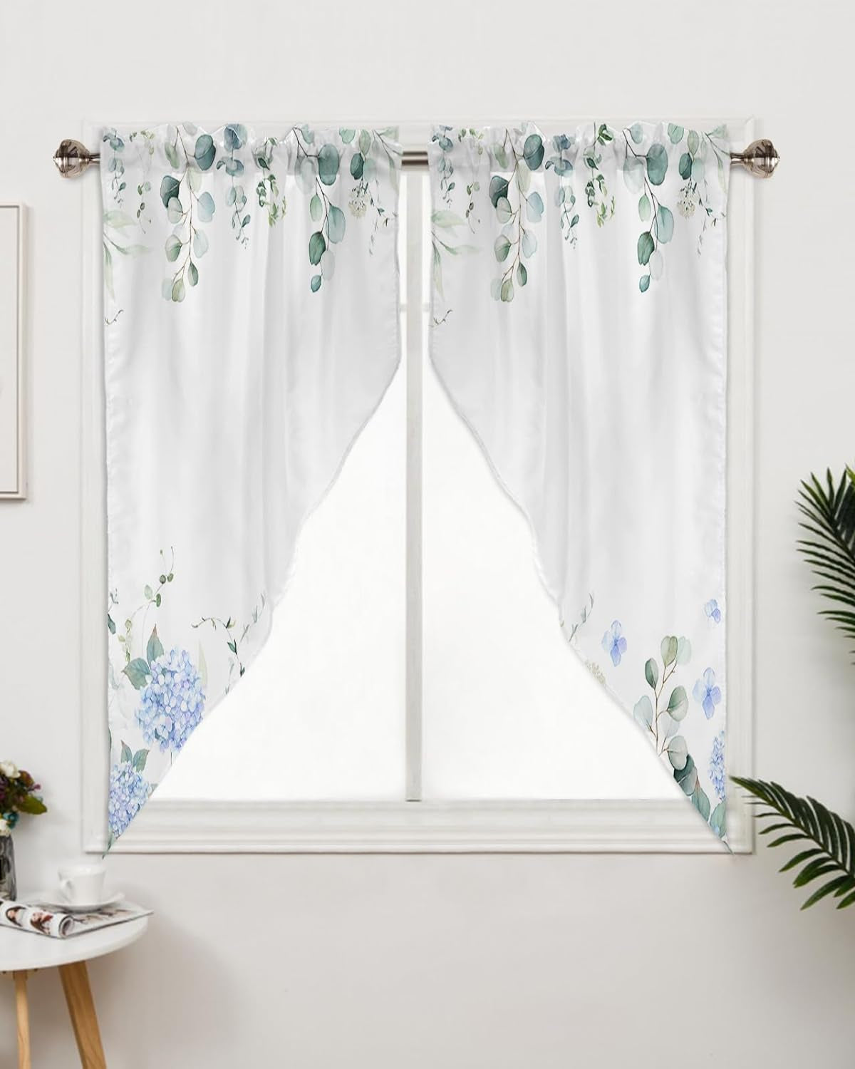 Eucalyptus Hydrangea Swag Curtains for Living Room/Kitchen/Bedroom/Bathroom, Swag Valance Curtains Short Half Kitchen Topper Curtains Window Swag 2 Panels 28X36 Watercolor Flowers Rustic Chic Plant