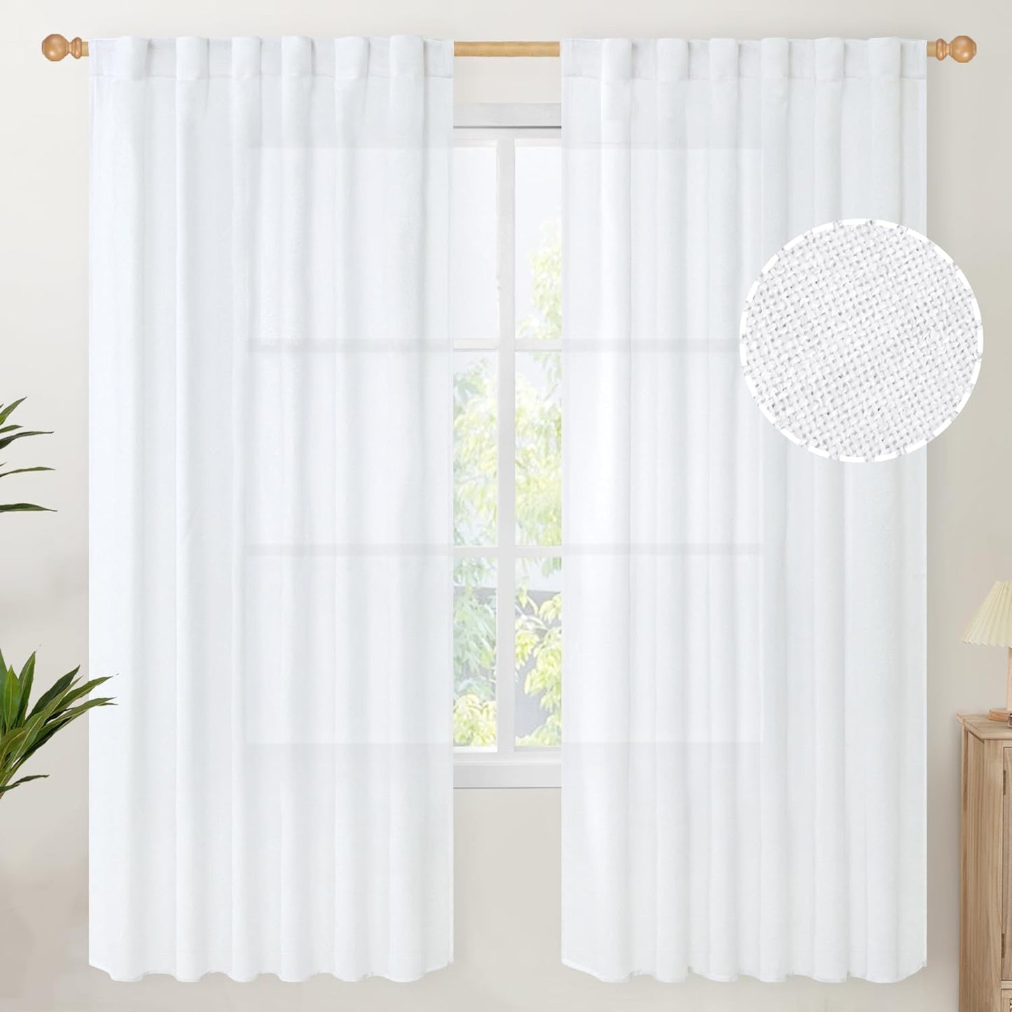 Youngstex Natural Linen Curtains 72 Inch Length 2 Panels for Living Room Light Filtering Textured Window Drapes for Bedroom Dining Office Back Tab Rod Pocket, 52 X 72 Inch  YoungsTex White 52W X 72L 