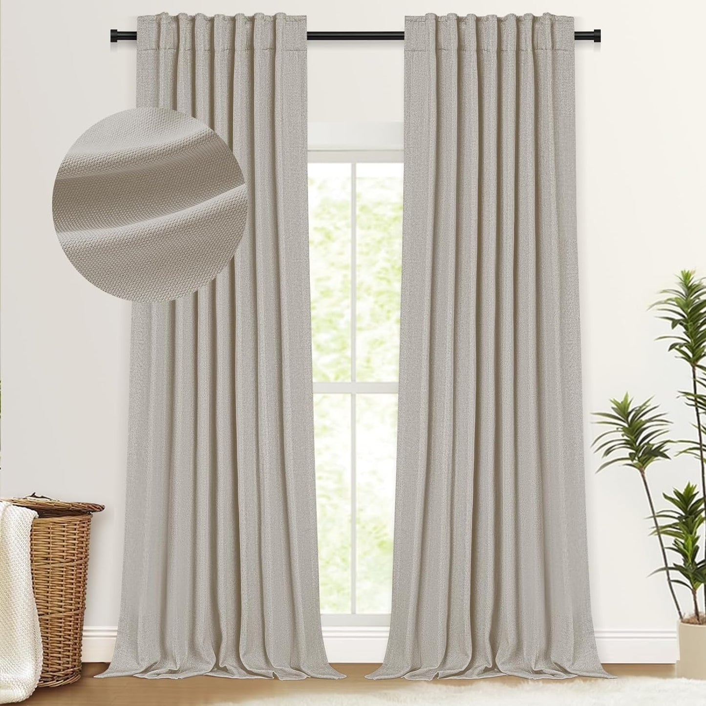 100% Blackout Shield Faux Linen Blackout Curtains for Bedroom 84 Inch Length 2 Panels Set, Cream Curtains with Back Tab/Rod Pocket, Thermal Insulated Drapes for Living Room, 50" W X 84" L, Cream  100% Blackout Shield Thatched Tan 50''W X 96''L 