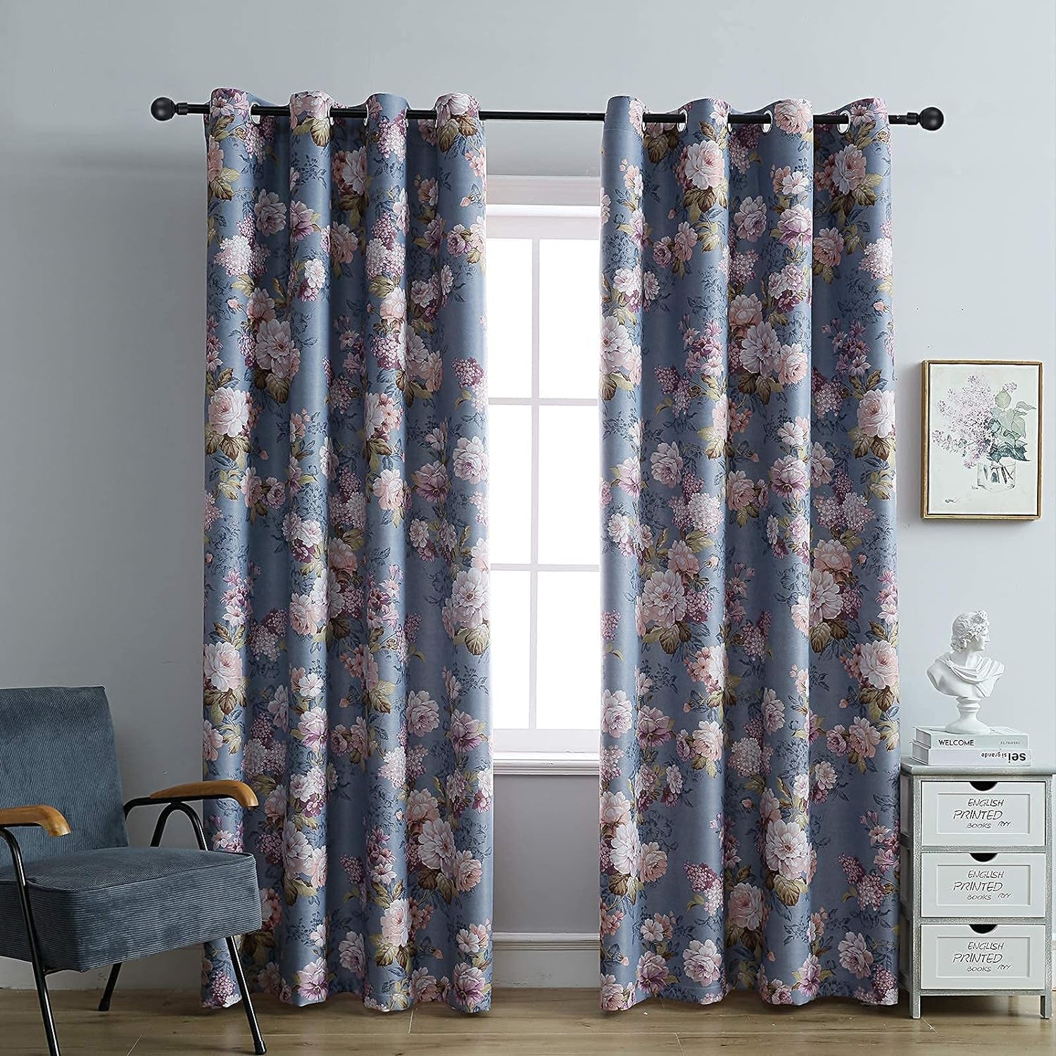 Double Sided Floral Blackout Curtains for Bedroom Patterned Vintage Flower Thermal Insulated Window Drapes Room Darkening for Living Room 2 Panels 84 Inches Long Blue  SUOUO   