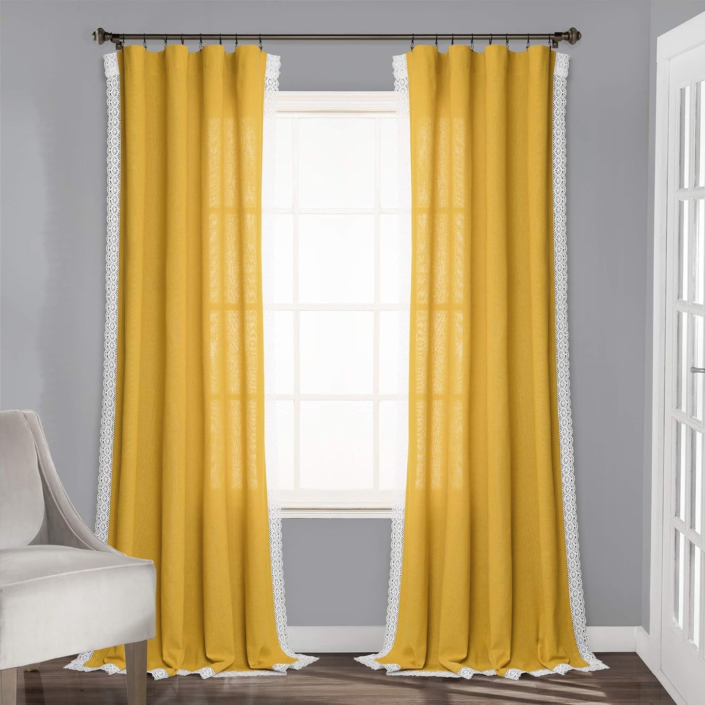 Lush Decor Rosalie Light Filtering Window Curtain Panel Set- Pair- Vintage Farmhouse & French Country Style Curtains - Timeless Dreamy Drape - Romantic Lace Trim - 54" W X 84" L, White  Triangle Home Fashions Yellow Window Panel 54"W X 95"L