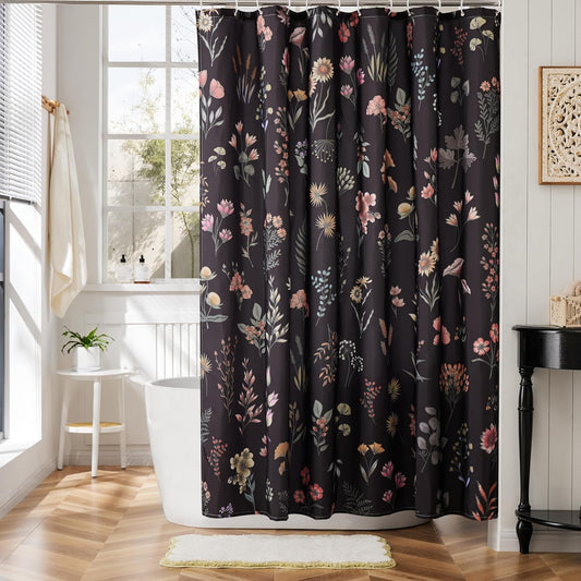 Boho Shower Curtains for Bathroom Black Cute Floral Waterproof Polyester Fabric Shower Curtain 72X72 Inch
