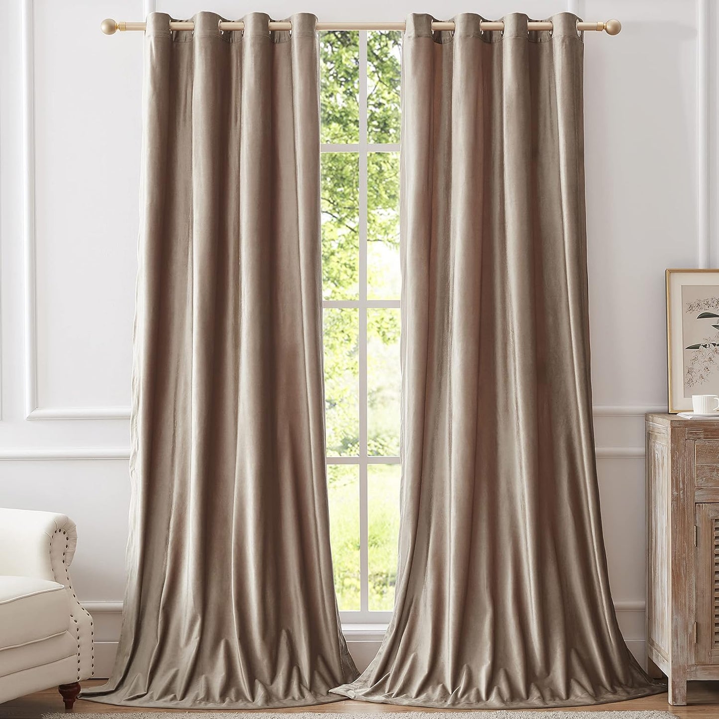 BULBUL Velvet Gold Curtains 84 Inch Length- Living Room Blackout Thermal Window Drapes Darkening Decor Grommet Curtains for Bedroom Set of 2 Panels  BULBUL Taupe 52"W X 90"L 