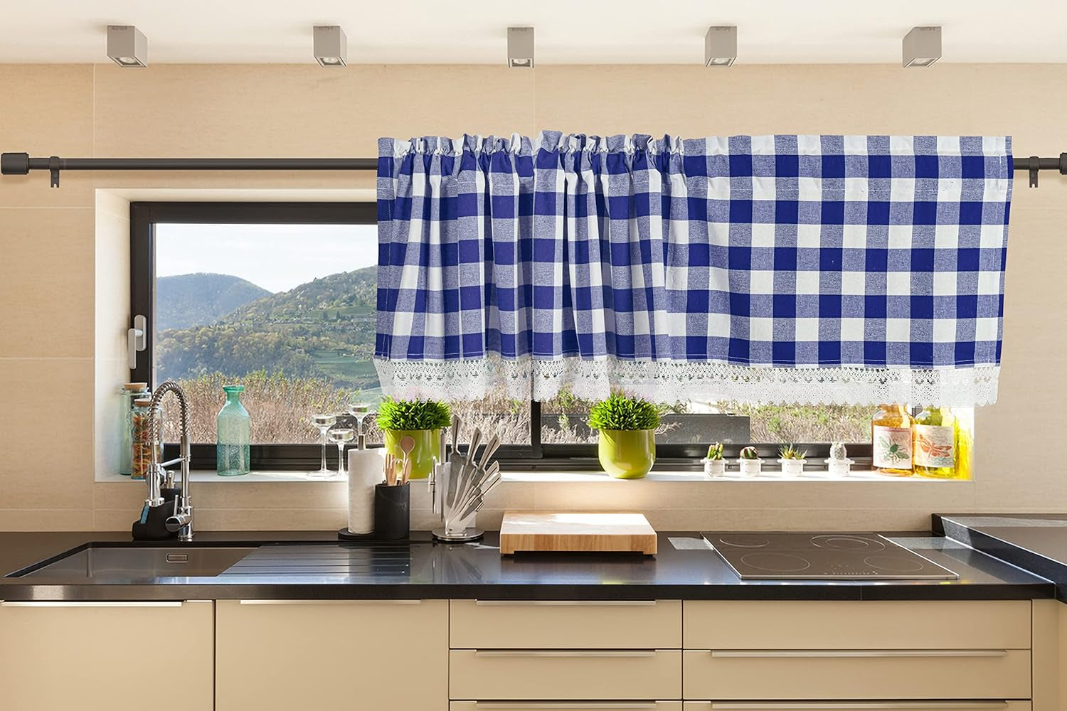 Navy and White Valance, Valances, Navy Check Valance, 2 Inch Rod Pocket Valances for Windows, Valance for Kitchen, Bath, Bed and Dining Room, 2Pack Gingham Check Valance with Lace-16X72 Inch