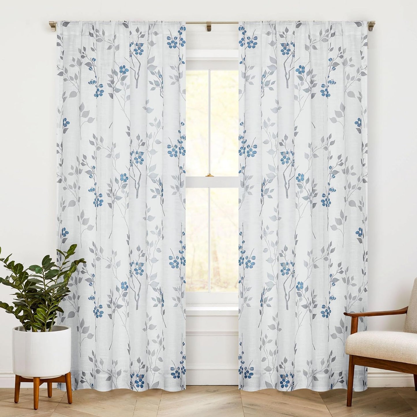 Beauoop Floral Semi Sheer Curtains 84 Inch Long for Living Room Bedroom Farmhouse Botanical Leaf Printed Rustic Linen Texture Panel Drapes Rod Pocket Window Treatment,2 Panels,50 Wide,Yellow/Gray  Beauoop Blue/Gray 50"X108"X2 
