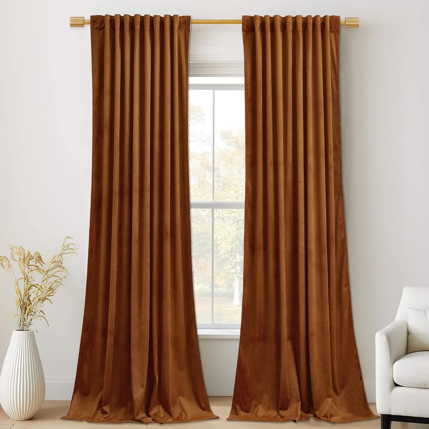 Stangh Velvet Curtains 84 Inches - Gold Brown Blackout Thermal Insulated Window Drapes for Living Room, Back Tab Luxury Home Decor Curtains for Bedroom Sliding Door, W52 X L84, 2 Panels  StangH Burnt Orange W52" X L120" 