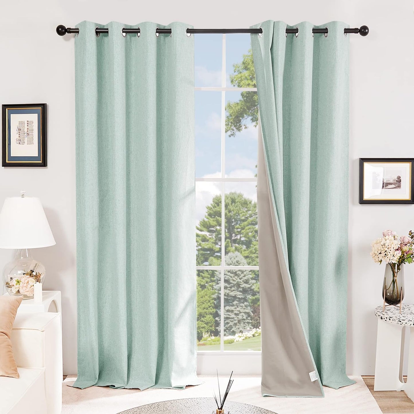 Deconovo Faux Linen Total Blackout Curtains 63 Inches Length, Light Blue, Grommet Thermal Insulated Curtain, Noise Reduction Draperies for Bedroom Living Room, 52" W X 63" L, 1 Pair  DECONOVO Light Green 52Wx45L Inch 