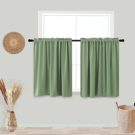 KOUFALL Sage Green Curtains 24 Inch Length for Bathroom Window 2 Pack Rod Pocket Room Darkening Cafe Curtain Tiers Blackout Light Green Short Curtains for Small Windows 34 by 24 in Long  KOUFALL TEXTILE Sage Green 34X24 