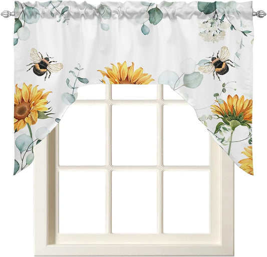 Sunflower Swag Valances for Windows, Kitchen Window Curtains over Sink, Pastoral Eucalyptus Leaves Botanical Summer Bee Window Treatment Shades Rod Pocket Curtains for Bedroom 56"X36"