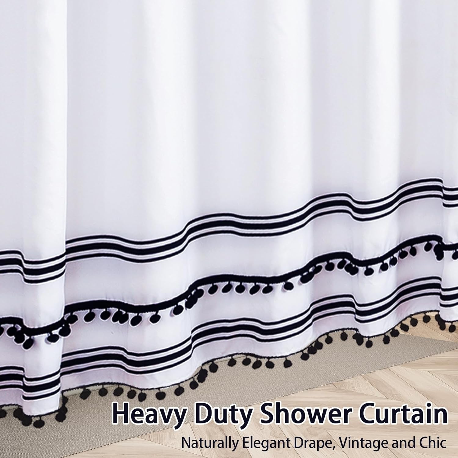 72"X72" Black and White Shower Curtain Sets with Boho Tassel Pendants Modern Black Striped Farmhouse Shower Curtain for Bathroom Waterproof Ployester 12 Hooks Home Decorations