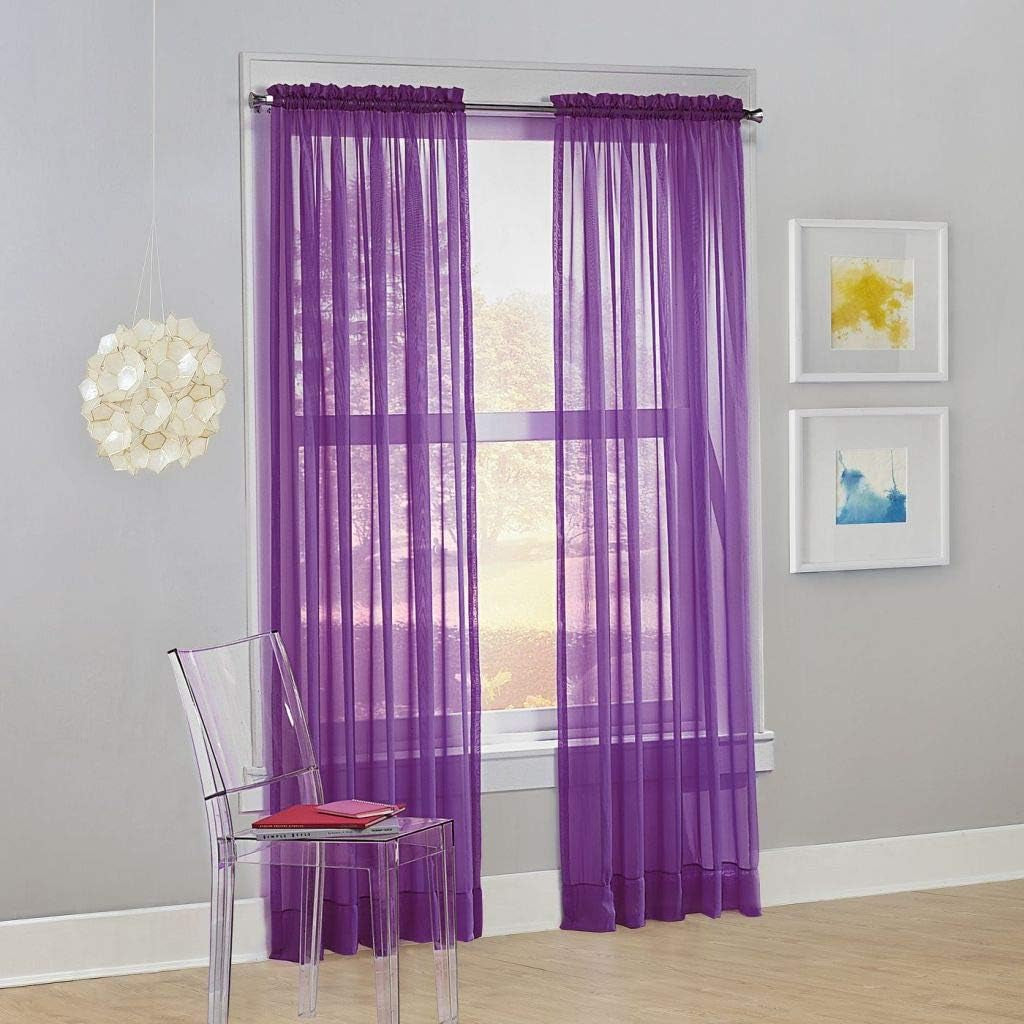 2 Piece Sheer Luxury Curtain Panel Set for Kitchen/Bedroom/Backdrop 84" Inches Long (White )  Jasmine Linen Purple  