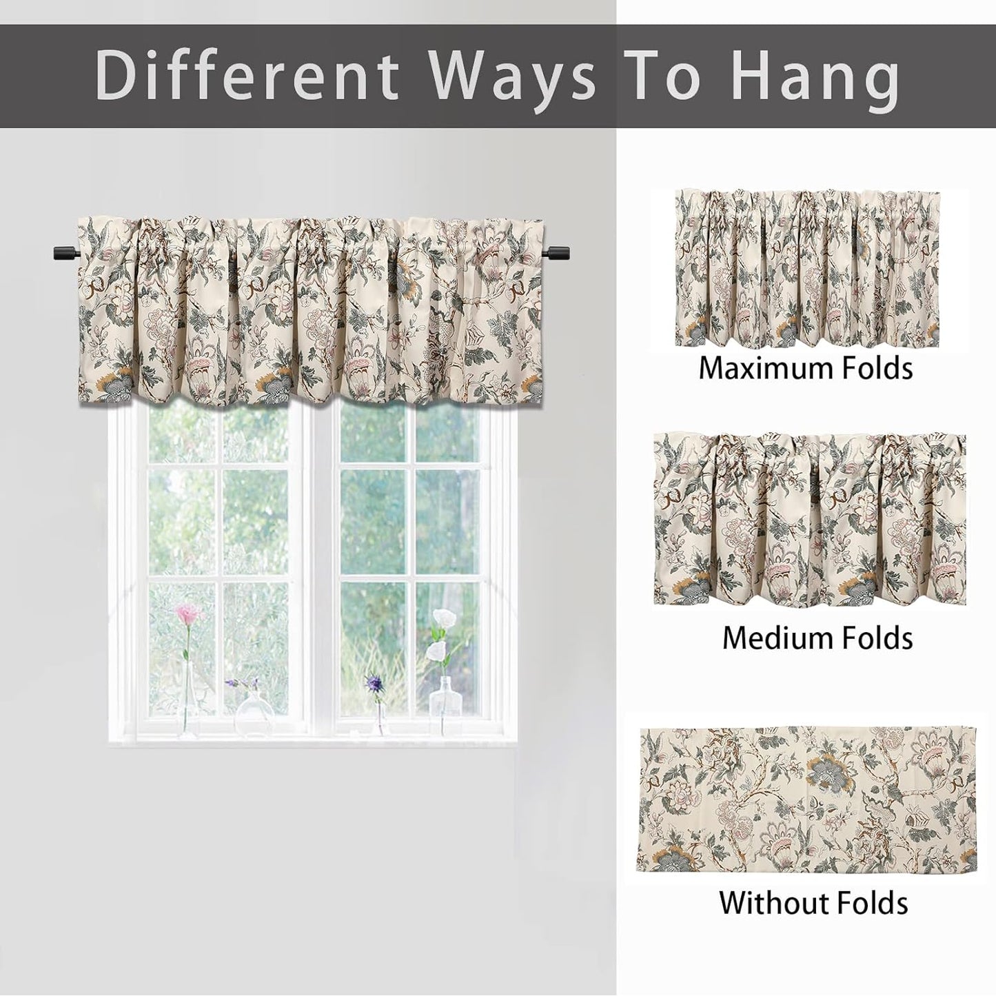 2 Panels Curtain Valances for Windows,52In X18In Blackout Window Treatment Valances,Decorative Valances with 1.9In Rod Pockets,Brown Flower  Athootita   