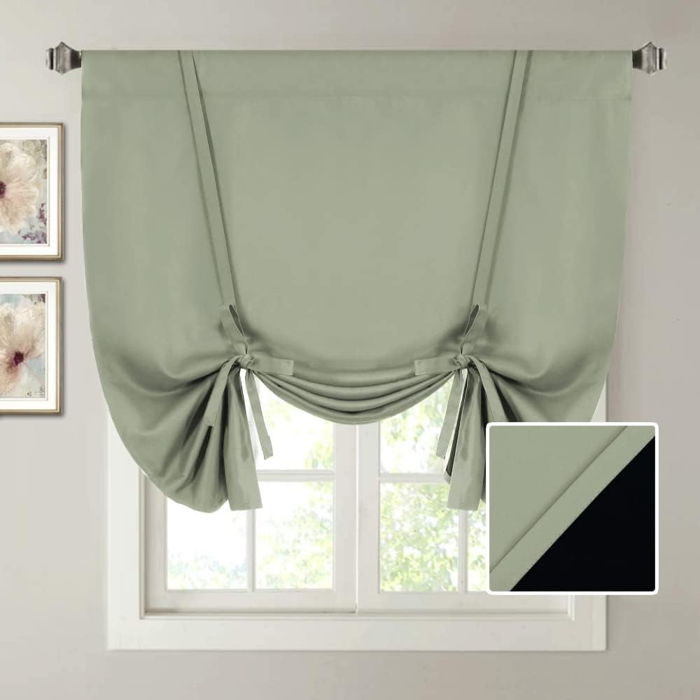 H.VERSAILTEX 100% Blackout Tie up Curtains for Bedroom Thermal Insulated Kitchen Curtains 45 Inches Long Rod Pocket Blackout Curtains for Small Window / Bathroom with Black Liner, White 42"W X 45"L  H.VERSAILTEX Light Sage 42"W X 45"L 