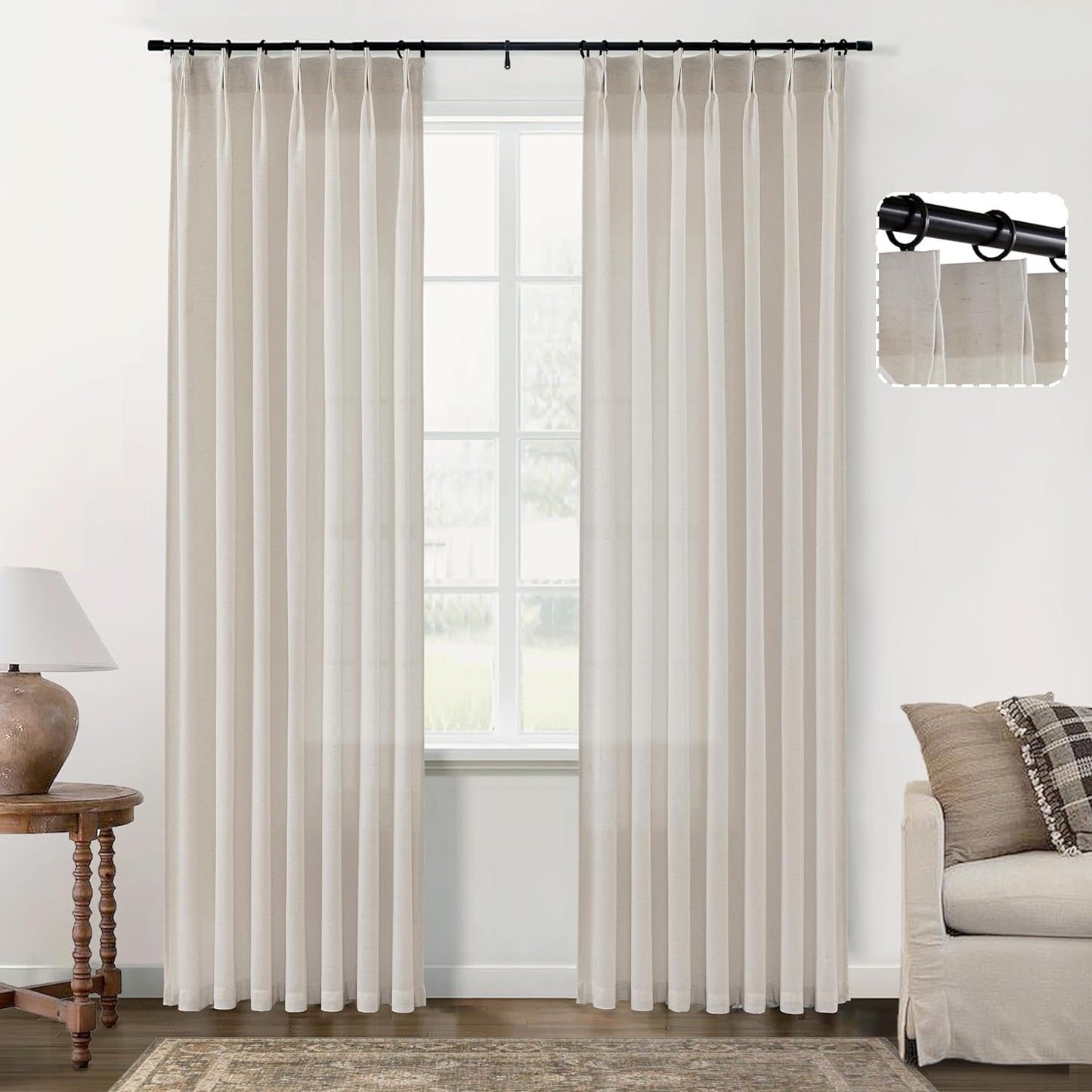SHINELAND White Linen Curtains 84 Inches Long for Bedroom 2 Panels Set,Sheer Boho Pinch Pleated with Hooks Back Tab Window Sheers Draperies 84 Length for Dining Room Living Room Office at Home  SHINELAND Beige 2X(40"Wx120"L) 