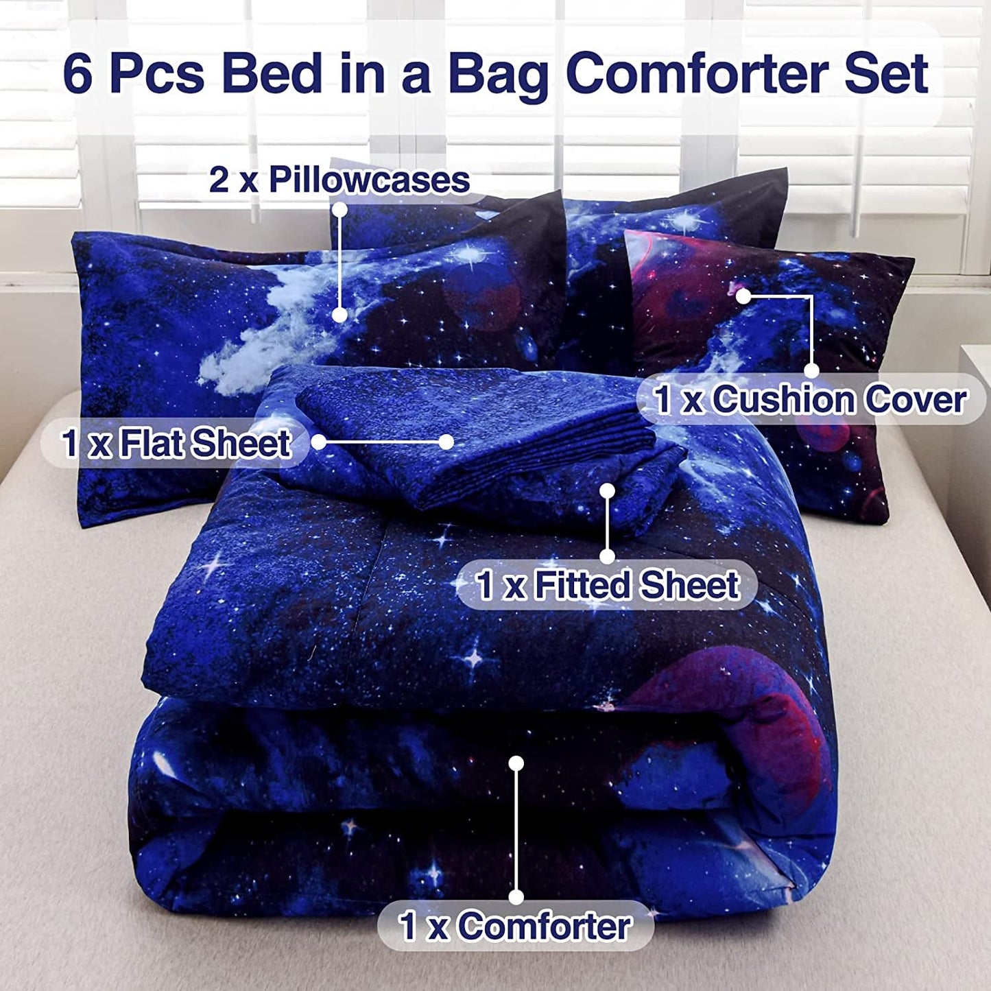 A Nice Night Galaxy 6Pcs Bedding Sets Outer Space Comforter Bed in a Bag 3D Printed Quilt,For Children Boy Girl Teen Kids,Twin 6Pcs