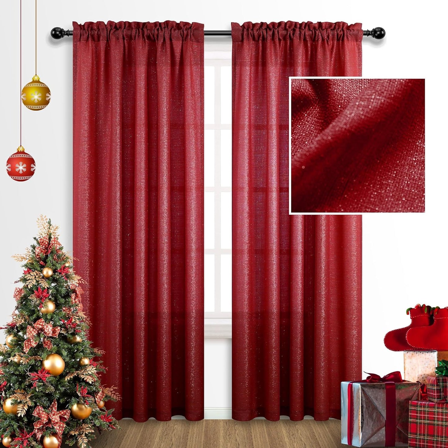 Gold Curtains 84 Inch Length for Living Room 2 Panels Set Rod Pocket Window Decor Semi Sheer Luxury Sparkle Shimmer Shiny Glitter Brown Golden Mustard Curtains for Bedroom 52X84 Long Christmas Decor  MRS.NATURALL TEXTILE Red 52X84 