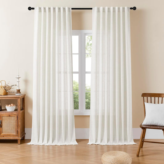 Joydeco Linen Curtains for Living Room,Semi-Sheer Curtains 108 Inches Long,Living Room Curtains 2 Panel Sets,White Curtains Pinch Pleated Curtains & Drapes(W52 X L108 Inch, Off-White)  Joydeco Off-White 52W X 108L Inch X 2 Panels 