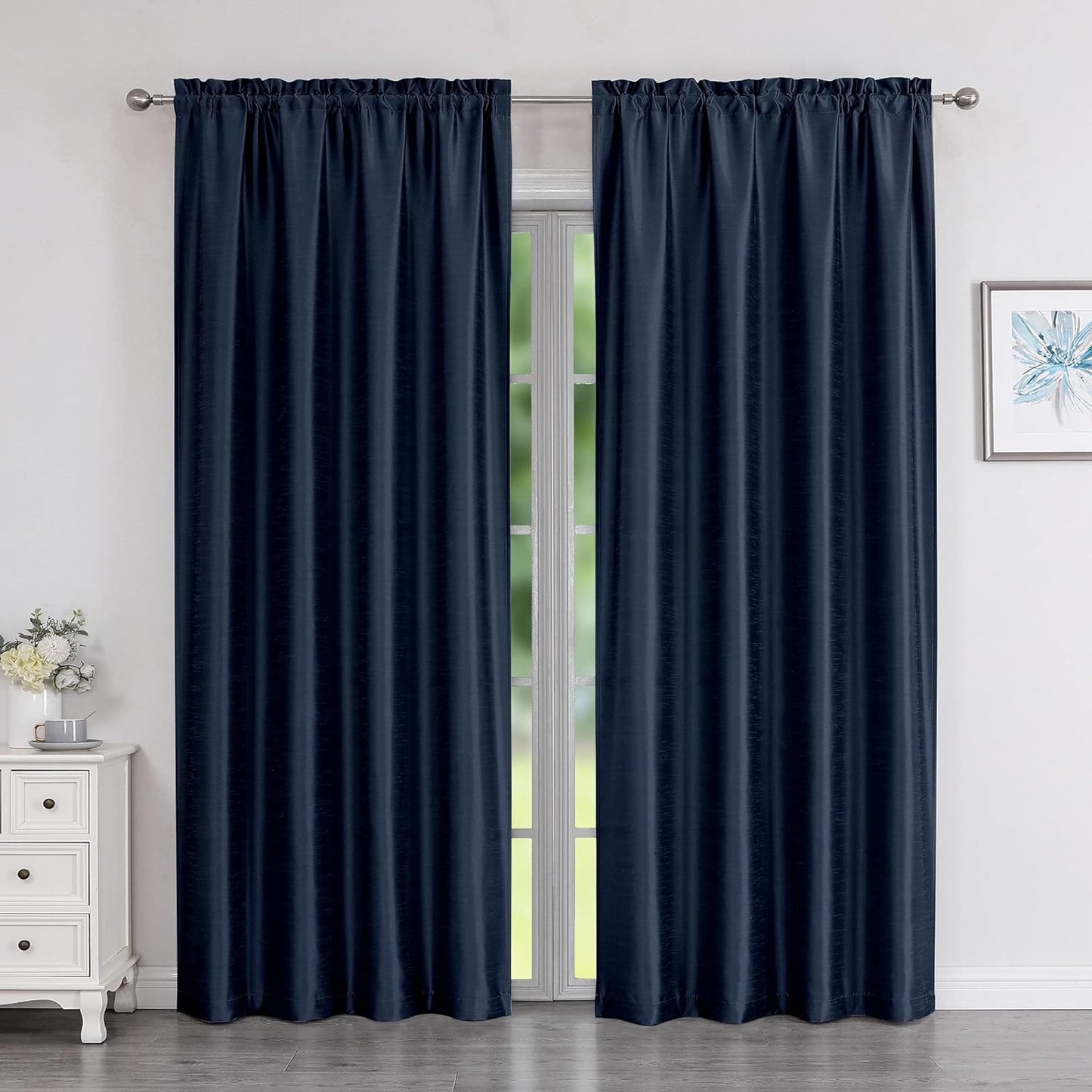 Chyhomenyc Uptown Sage Green Kitchen Curtains 45 Inch Length 2 Panels, Room Darkening Faux Silk Chic Fabric Short Window Curtains for Bedroom Living Room, Each 30Wx45L  Chyhomenyc Navy Blue 2X40"Wx84"L 