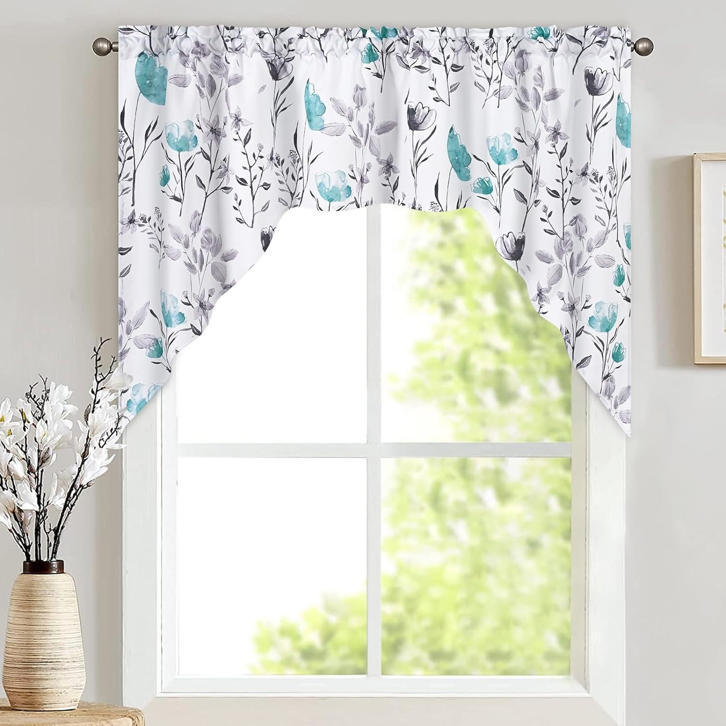 Likiyol Floral Kithchen Curtains 36 Inch Watercolor Flower Leaves Tier Curtains, Yellow and Gray Floral Cafe Curtains, Rod Pocket Small Window Curtain for Cafe Bathroom Bedroom Drapes  Likiyol Teal 36"L X 60"W 