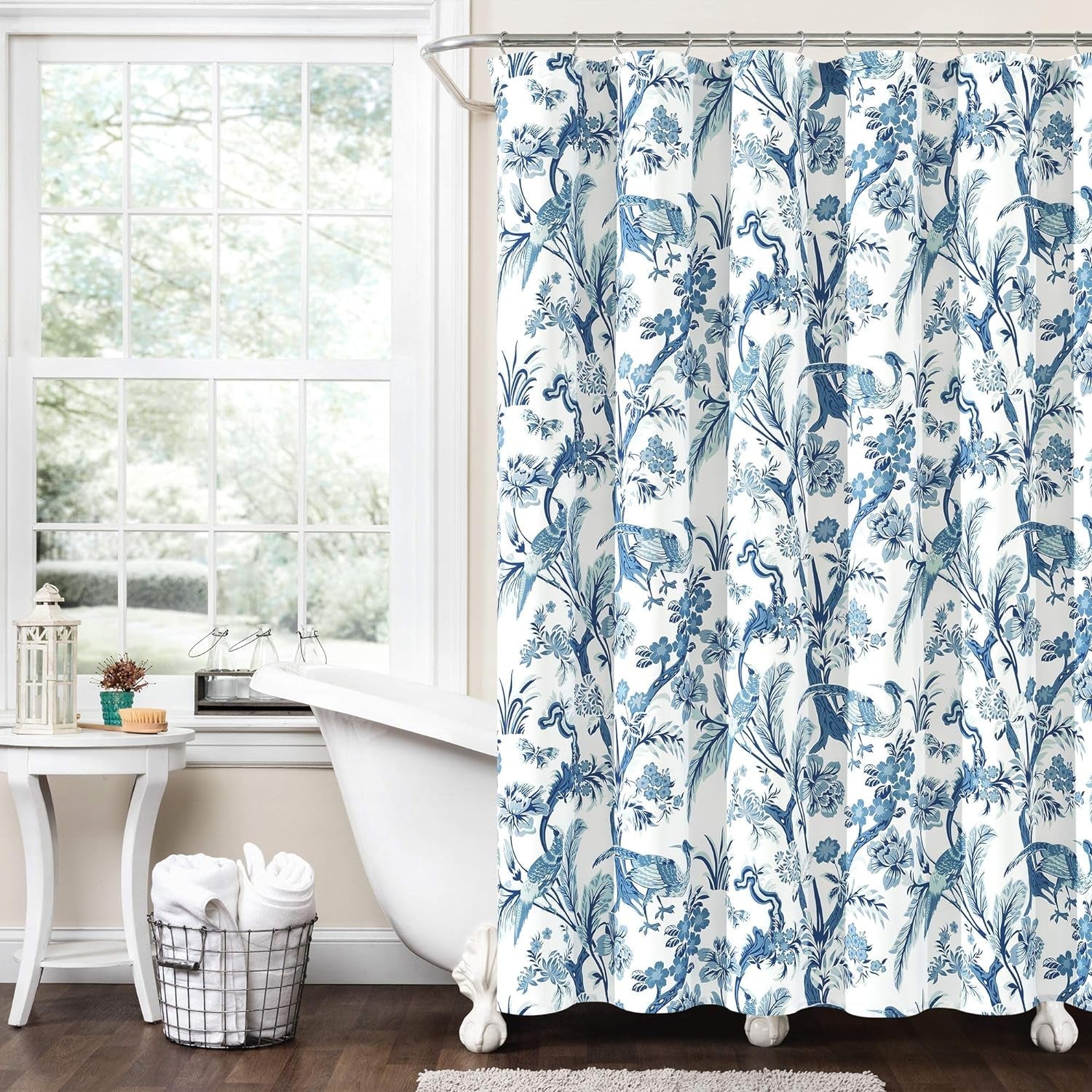 Lush Decor Dolores Shower Curtain,72" W X 72" L, Yellow - Toile Shower Curtain - Bold Blue and Yellow Shower Curtain - Bird & Floral Print - Maximalist & French Country Bathroom Decor