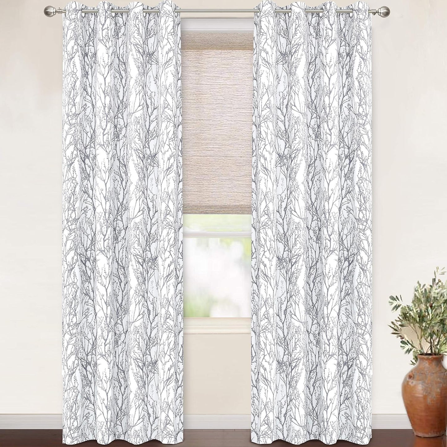 Driftaway Gray White Tree Branch Blackout Curtains for Bedroom Curtains 84 Inch Length 2 Panels Set Grey Branch Lined Window Treatment Thermal Grommet Top Curtain for Living Room Winter Warm Curtain  DriftAway Tree Branch-Gray 52"X108" 