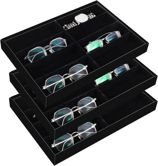 3 Pcs Velvet Sunglass Organizer Trays Stackable Glasses Organizer Tray with 8 Grids and Removable Internal Dividers for Eyewear Watch Jewrly Showcase Display Storage Home Use & Trade Show (Black)