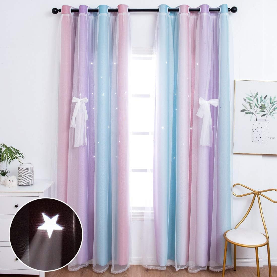 UNISTAR 2 Panels Stars Blackout Curtains for Bedroom Girls Kids Baby Window Decoration Double Layer Star Cut Out Aesthetic Living Room Decor Wall Home Curtain,W52 X L63 Inches,Pink  UNISTAR 2 Panels 丨 Double Side-Pinkpurple 63.00" X 52.00" 