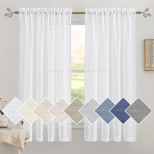 RYB HOME Semi Sheer Curtains Linen Textured Window Panels, Rod Pocket Cortinas Para Cuarto for Kitchen Bathroom Basement, Indoor, White, 52 X 63 Inch Length 2 Panels  RYB HOME   