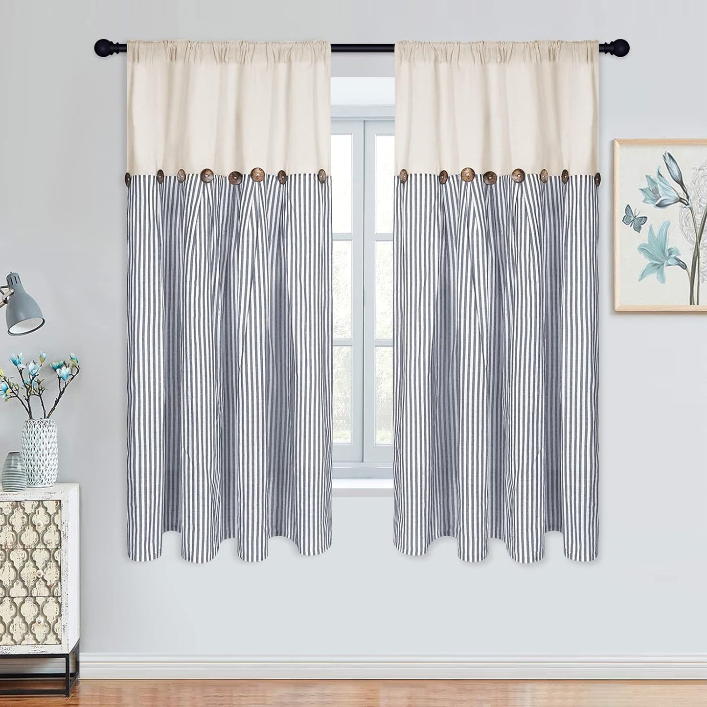Cotton Linen Farmhouse Curtains Boho Rustic Button Curtains Natural and Dark Grey Stripe Color Block Curtain Rod Pocket & Back Tab Window Drapes for Bedroom Living Room(52 X 84 Inch, 2 Panels)  BLEUM CADE Blue Stripe W52 X L63 
