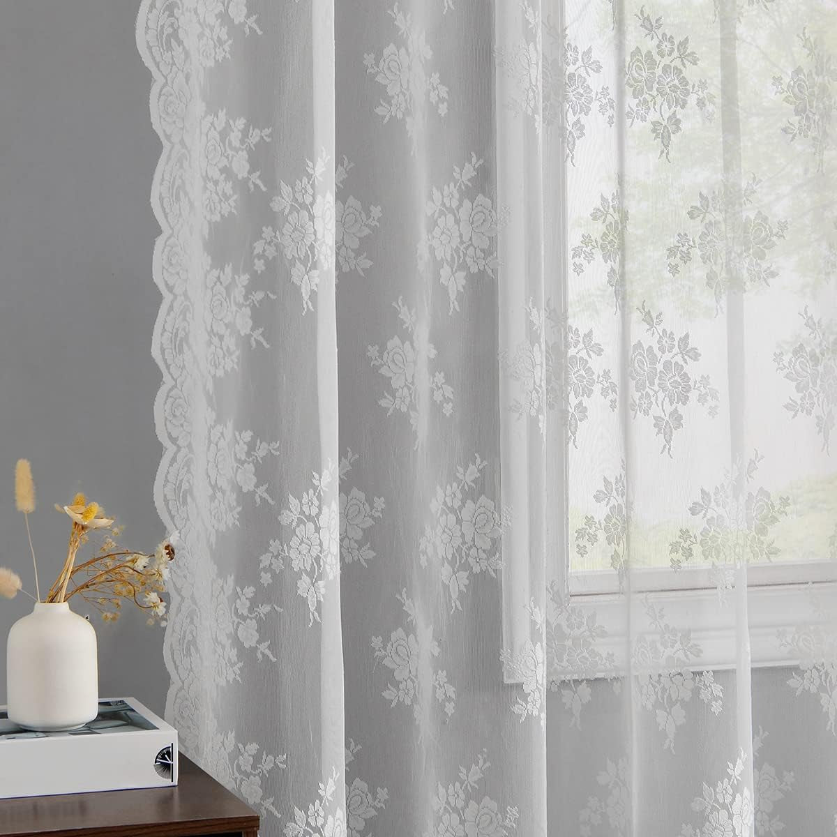 Kotile Sage Green Sheer Valance Curtain for Windows, Rustic Floral Spring Sheer Window Valance Curtain 18 Inch Length, Light Filtering Rod Pocket Lace Valance, 52 X 18 Inch, 1 Panel, Sage Green  Kotile Textile White 52 In X 95 In Grommet 