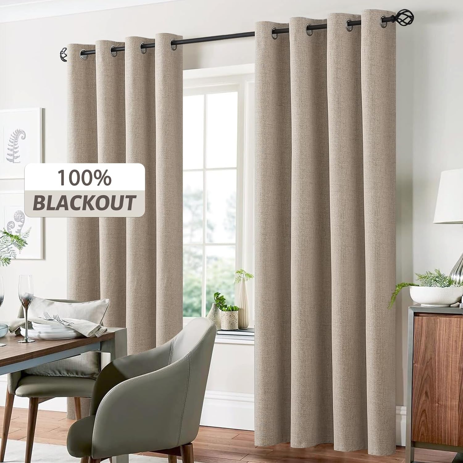 Yakamok Natural Linen Curtains 100% Blackout 84 Inches Long,Room Darkening Textured Curtains for Living Room Thermal Grommet Bedroom Curtains 2 Panels with Greyish White Liner  Yakamok   