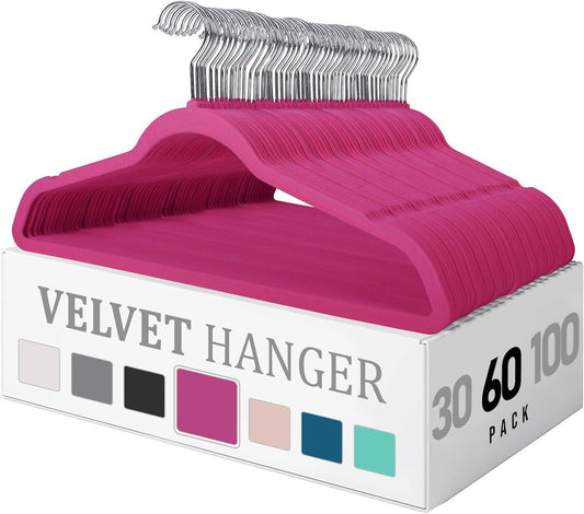 Premium Velvet Hangers 60 Pack, Heavy Duty Study Pitaya Hangers for Coats, Pants - Non Slip Clothes Hanger Set - Space Saving Felt Hangers for Clothing