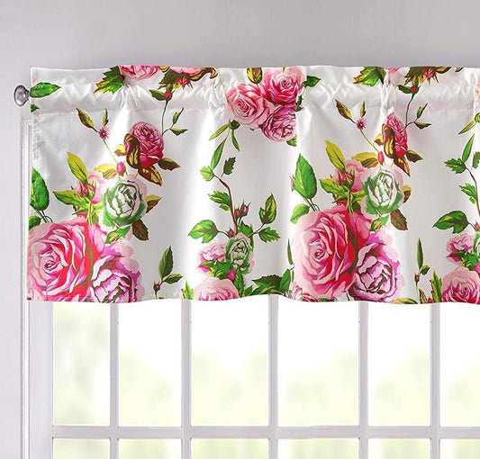 Dada Bedding Romantic Roses Floral Window Curtain Valance - Semi Sheer Natural Lighting Pink White Straight Tailored Edge - Lovely Blooming Spring Bright Vibrant Colorful Kitchen Decor - 18" X 52"