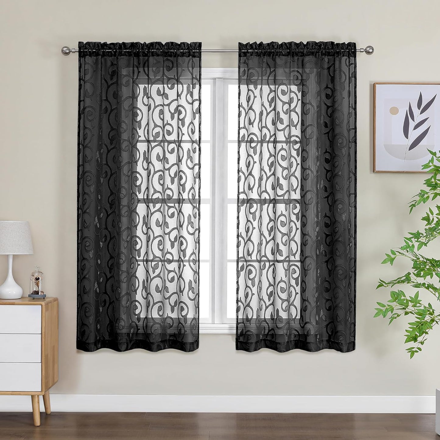 OWENIE Furman Sheer Curtains 84 Inches Long for Bedroom Living Room 2 Panels Set, Light Filtering Window Curtains, Semi Transparent Voile Top Dual Rod Pocket, Grey, 40Wx84L Inch, Total 84 Inches Width  OWENIE Black 40W X 63L 