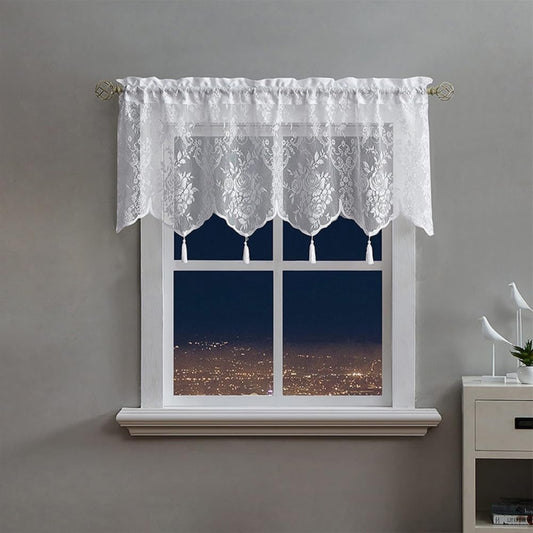 Elegant White Floral Lace Kitchen Curtains Valances - Chic Half Window Sheer Curtains 52 X 18 Inches for Small Window in Living Room & Café