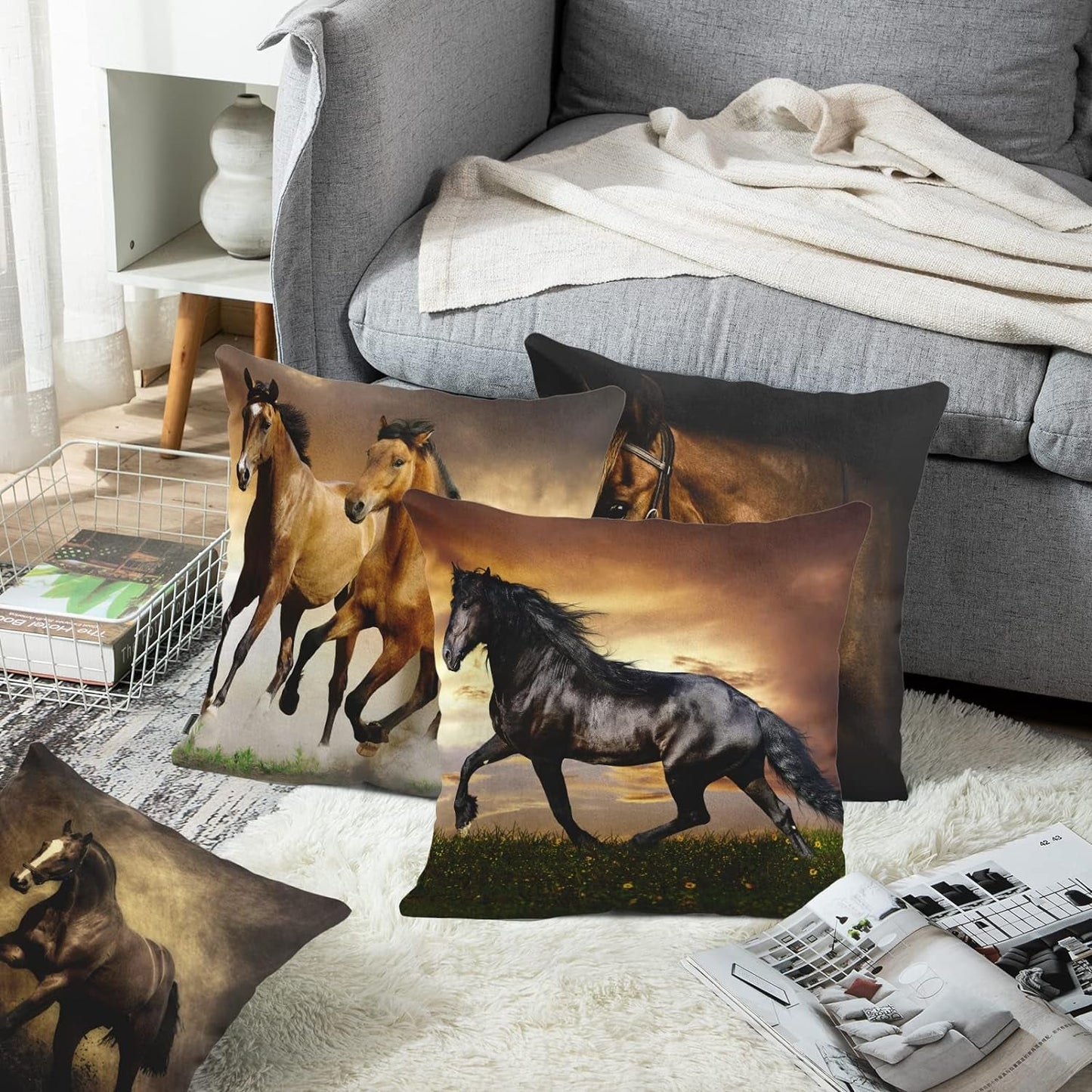 Emvency Set of 4 Throw Pillow Covers Horse Running Waist Horses Armchair Simply Creative Cartoon Animal Night Decorative Pillow Cases Home Decor Square 20X20 Inches Pillowcases