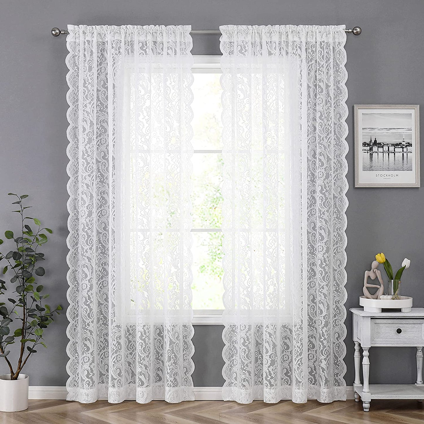 Black Sheer Lace Curtains 84 Inch Vintage Floral Sheer Gothic Curtain Panels for Living Room Bedroom Luxury Light Filtering Drapes Black Window Treatment Sets Rod Pocket 2 Panels 54" Wx84 L  Bujasso Rod Pocket White 54"X95"X2 
