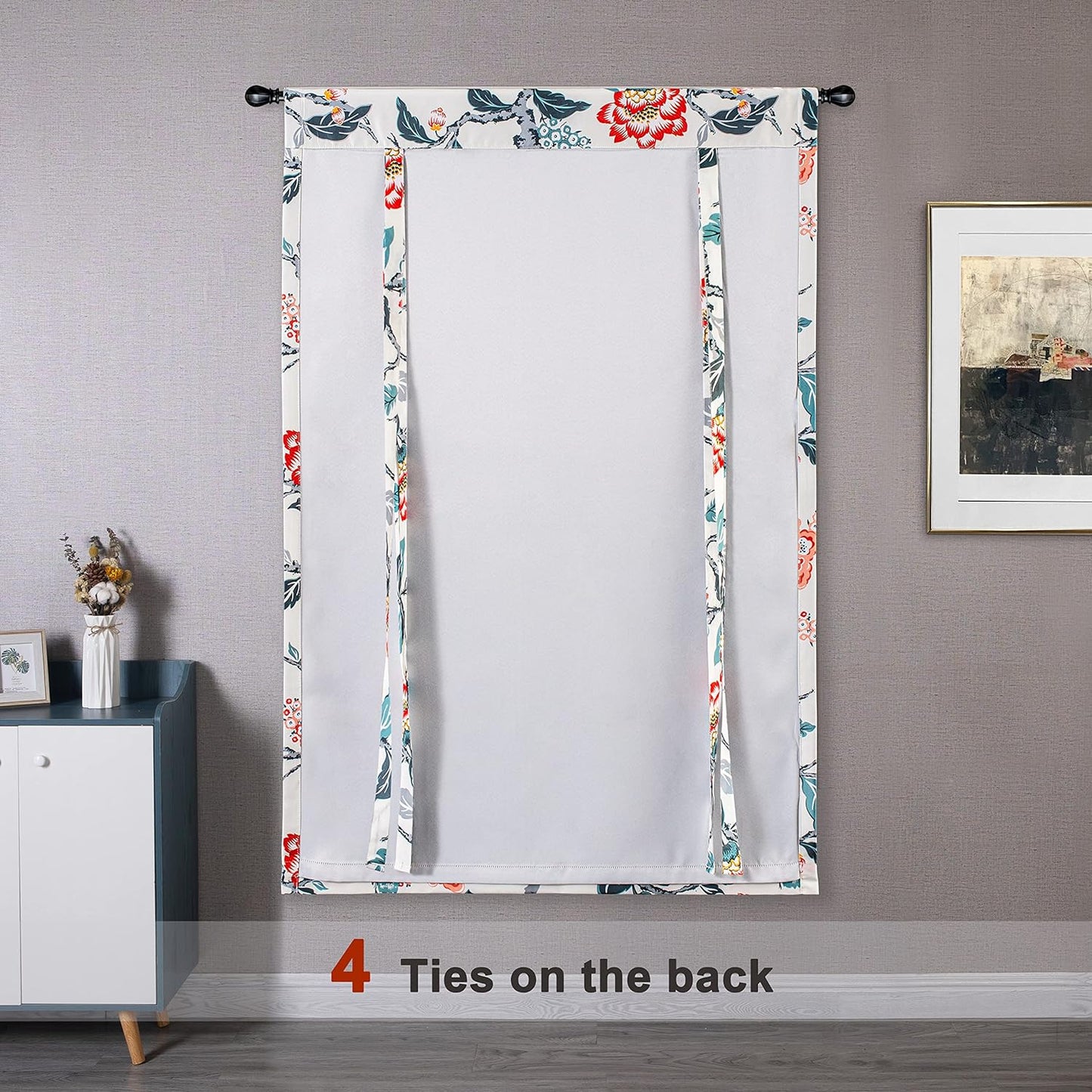 Driftaway Ada Botanical Print Lined Flower Leaf Tie up Curtain Thermal Insulated Privacy Blackout Window Adjustable Balloon Curtain Shade Rod Pocket Single 39 Inch by 55 Inch Ivory Orange Teal  DriftAway   