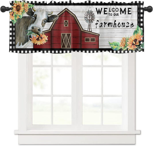 Kitchen Valances Curtain Farmhouse Sunflower Cow Valences for Window Farm Animal Wooden Grain Rod Pocket Valance Short Toppers Valance for Living Room Bedroom Bedroom Decor 54X18 Inch