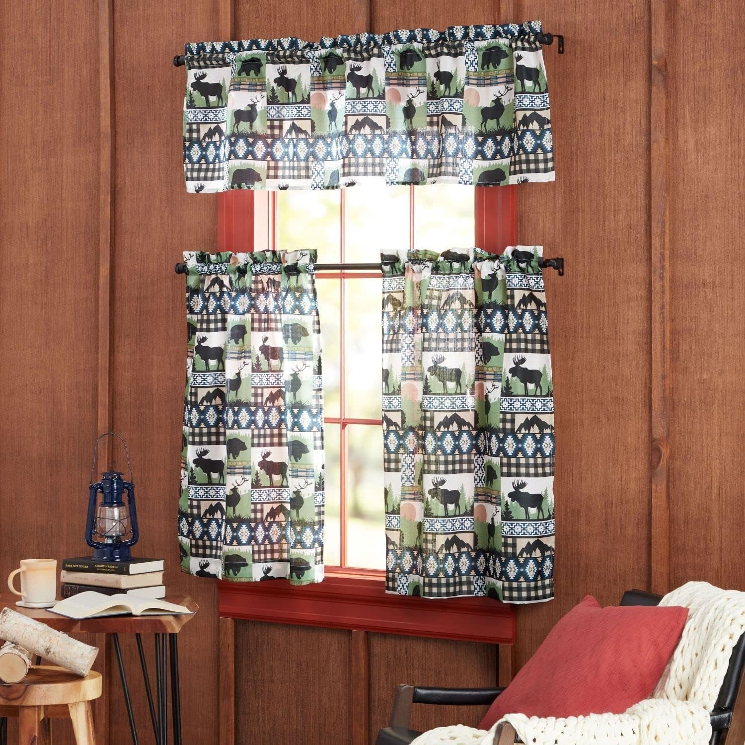 Estate View™ Moose Lodge Light Filtering Rod Pocket Straight 3-Piece Tier Valance and Curtains Set, 54"X36", Green/Black