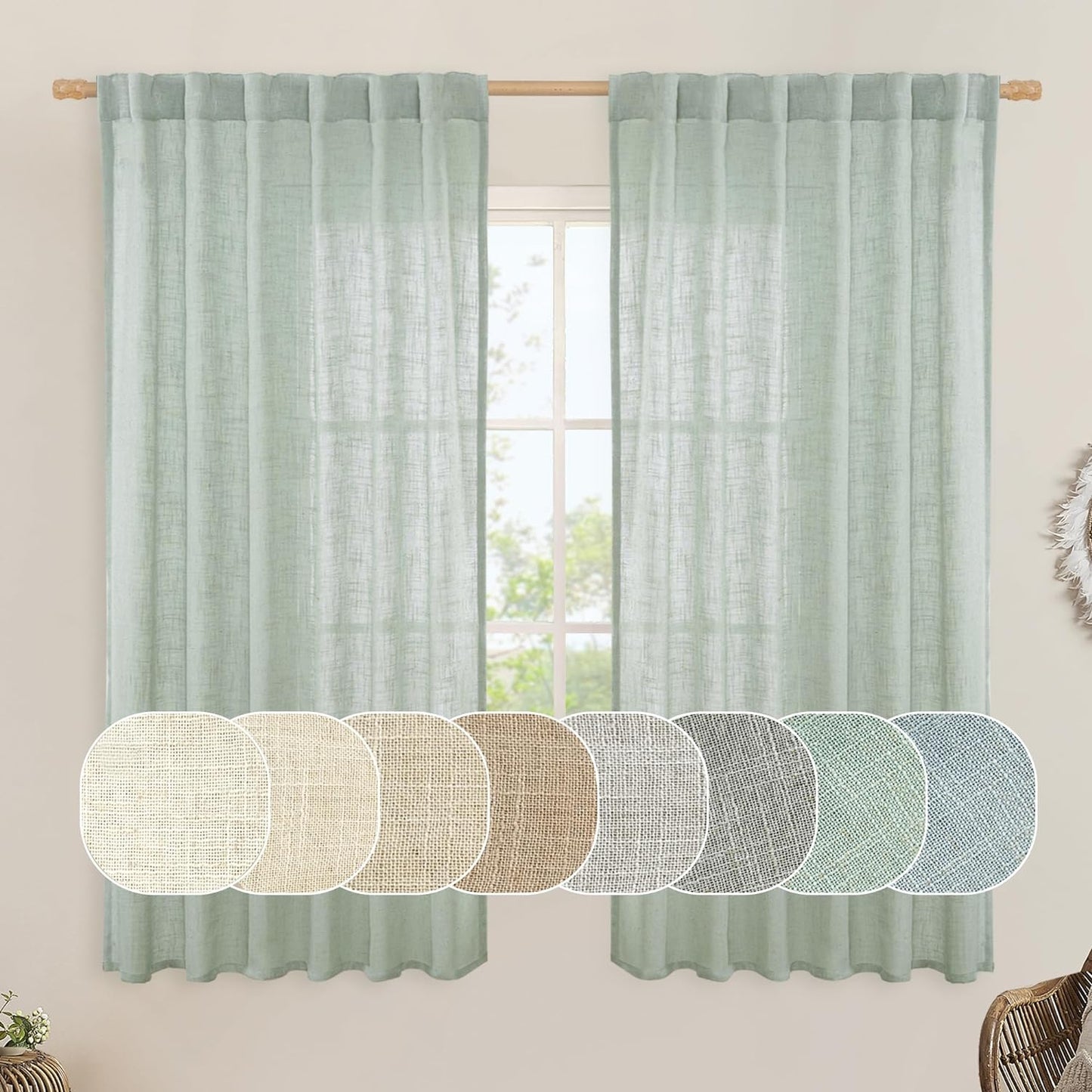 LAMIT Natural Linen Blended Curtains for Living Room, Back Tab and Rod Pocket Semi Sheer Curtains Light Filtering Country Rustic Drapes for Bedroom/Farmhouse, 2 Panels,52 X 108 Inch, Linen  LAMIT Light Sage 52W X 63L 