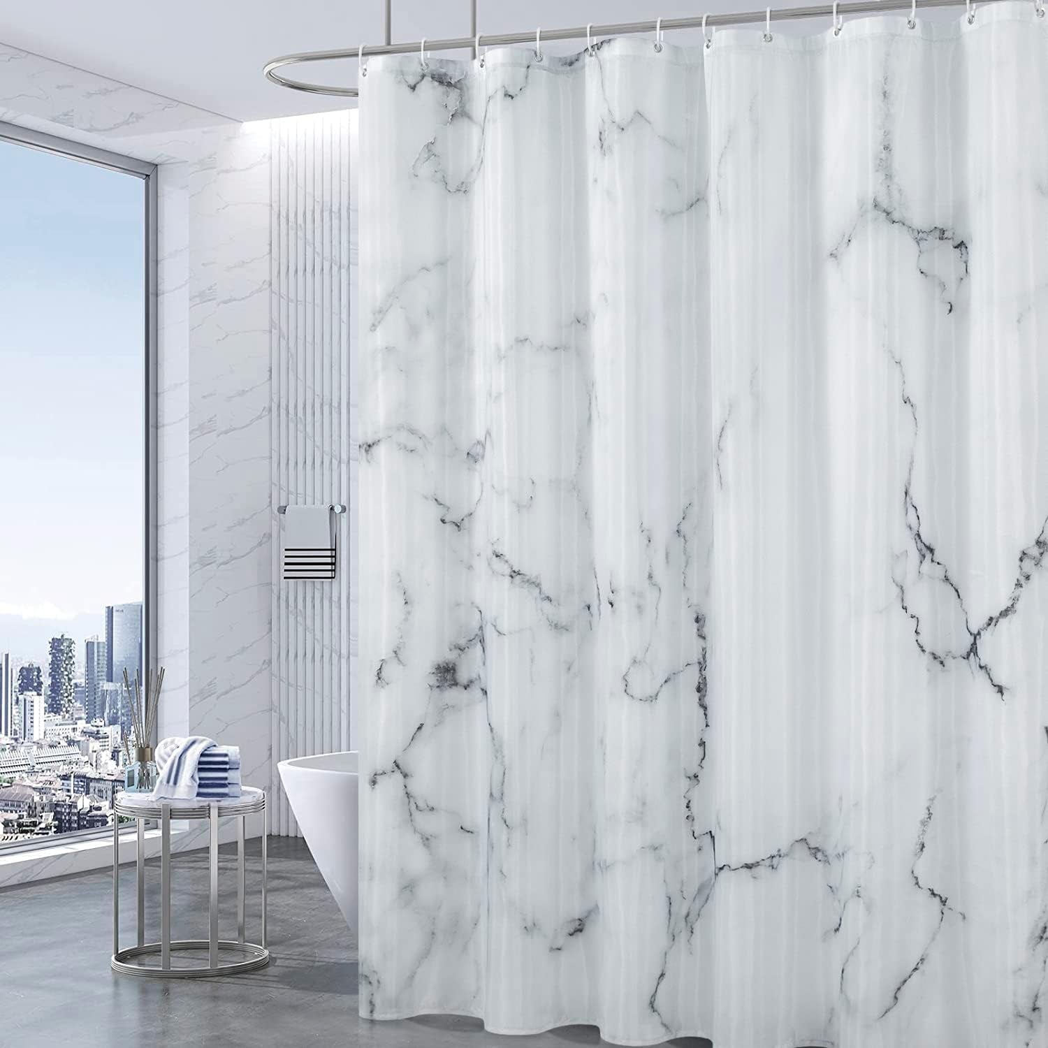 Grey White Marble Shower Curtain Set with 12 Hooks, Abstract Modern Luxury Gray White Marble Shower Curtains for Bathroom, Waterproof Fabric, 72" W X 72" L