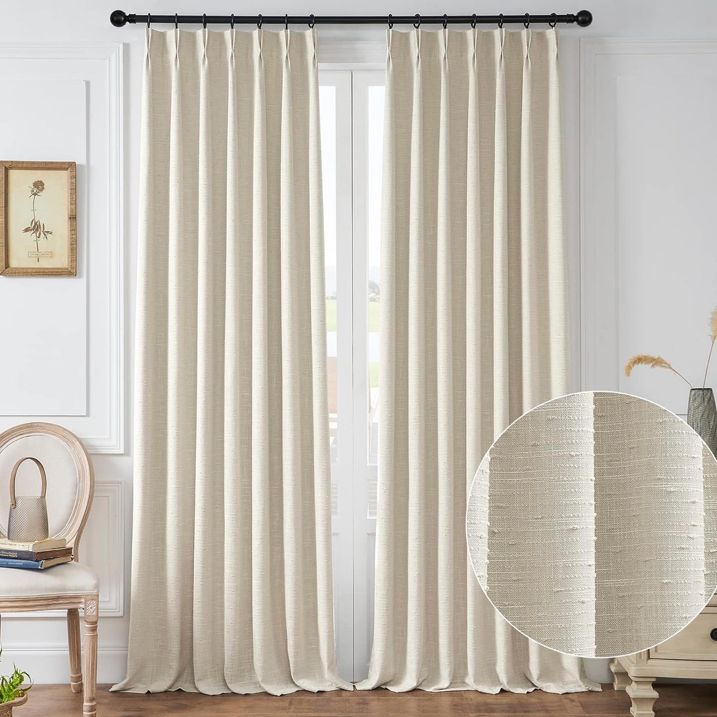 Maison Colette Pinch Pleat White Natural Linen Curtain 84 Inches Length for Bedroom,Back Tab Semi Sheer Window Treatment Drapes for Living Room,2 Panels,40" Width  Maison Colette Home Linen 40"W X 95"L With Liner 